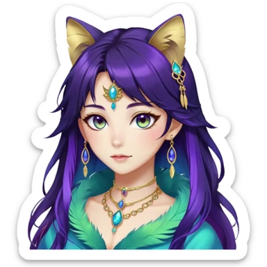 Beautiful gorgeous anime lady with beautiful dark-brown-special-hair, fashion aesthetic, ethereal, violet feather, accessories, gold jewelries, gold, colorful, feline ears, colorful hazel-green-blue-gradient eyes sticker