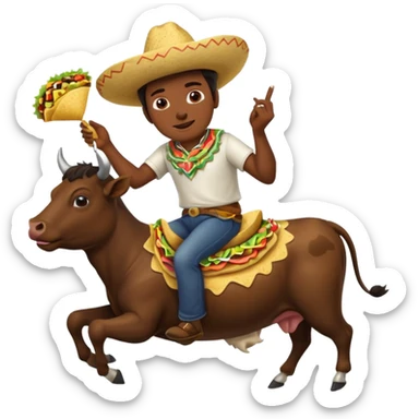 Make a Mexican man riding a cow eating a taco sticker