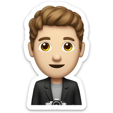 tall white man with brown hair holding a polaroid camera sticker