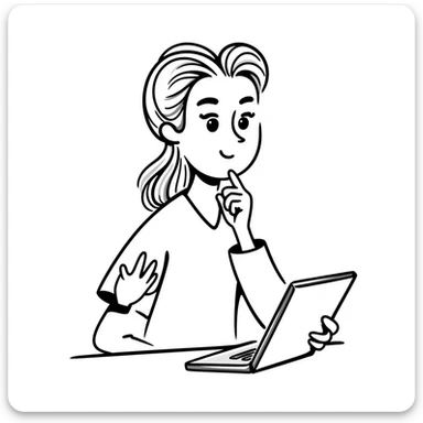 A thoughtful blonde physical therapist with finger on chin, wearing scrubs, looking contemplative while analyzing patient data sticker