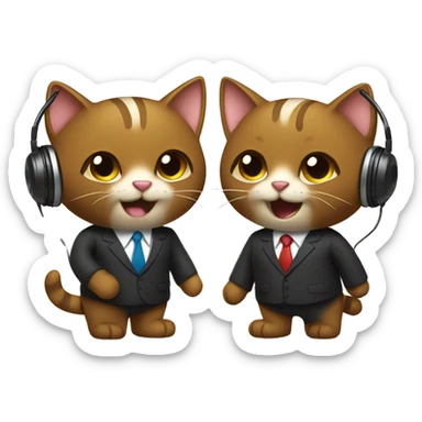 Two brown happy cats, shaking hands in suits with headphones on.   sticker