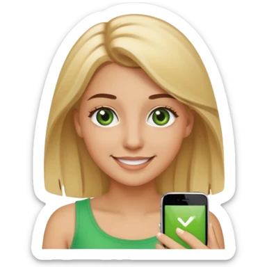 smiling young woman with blonde hair, green eyes, brown eyebrows, summer tan, iPhone emoji style sticker