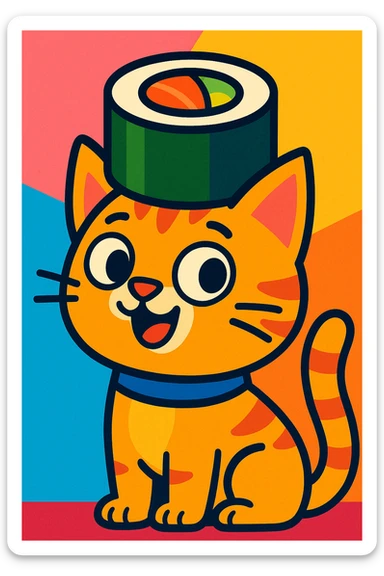 whimsical style cat wearing a sushi roll as a hat, fun and colorful sticker