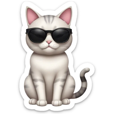 A cool, cartoon-style cat wearing oversized black sunglasses, sitting confidently with a relaxed expression. The cat has smooth fur, a small smirk, and a playful yet stylish posture. Flat, modern illustration, minimal shading, digital art, white background, iOS emoji aesthetic. sticker