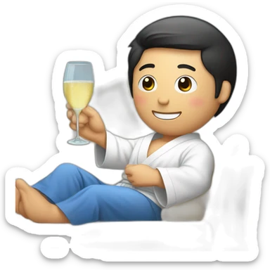 A Korean man in a bathrobe on the sofa with a glass of champagne sticker