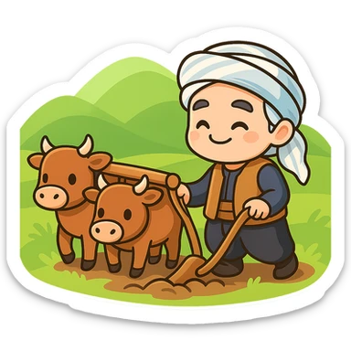Create a colorful and cheerful cartoon sticker featuring a Kurdish farmer with two cows, a yoke, and a plow on a green hillside. The style should be vibrant, cute, and suitable for WhatsApp and Instagram usage. Maintain a transparent background for easy sticker use. sticker