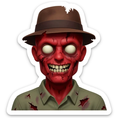 A zombi with red skin and a brown hat sticker