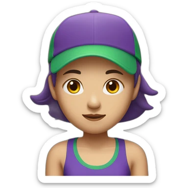 asian woman wearing a backwards green sports cap on her head a wearing a purple singlet sticker