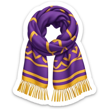A standalone scarf with a bold purple and yellow pattern, cozy wool texture, fringed edges — no face, no background, just the scarf. sticker