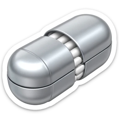 capsule pill emoji, metallic silver halves, smooth glossy finish, futuristic pharmaceutical 3D icon, isolated on white sticker