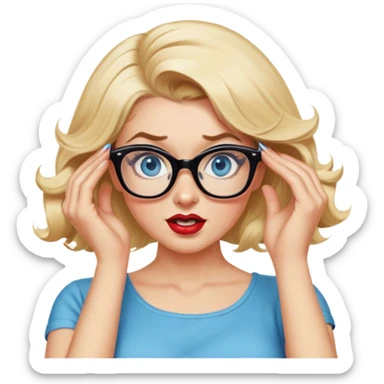 Blonde hair, blue eyed, wearing glasses 50's style pinup looking crazy, pulling at her hair with her hands sticker