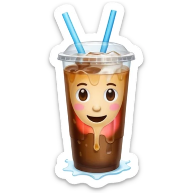 A 3D cartoon plastic cup of iced coffee with straw, clear lid, ice cubes floating, realistic condensation, bright sunlight, Memoji-style. sticker