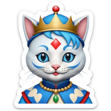 crazy colorful cute little cat jolly joker from poker, medieval, vintage, court jester, mac os icon, blue color, poker cards sticker