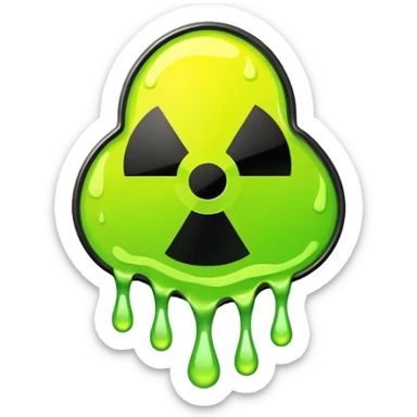 radioactive hazard symbol stylized to look like it is melting. The symbol is bright neon green and toxic yellow, with smooth dripping edges like liquid. sticker