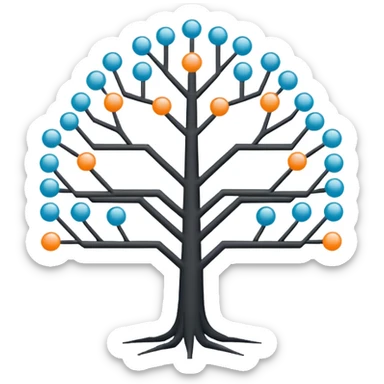 Minimalistic flat vector icon, iOS style, thin black contour on white background. Binary tree diagram with connected nodes. Clean, no text, no shadows sticker