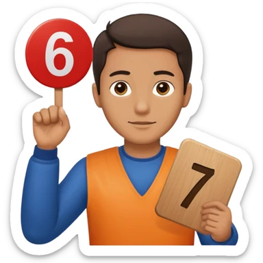 Un bonhomme tenant une pancarte avec le numéro 6 dans la main gauche et une pancarte avec le numéro 7 dans la main droite  sticker
