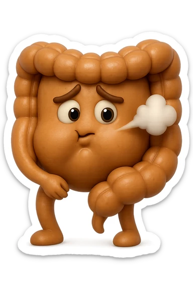 emoji stile iphone di un intestino che ingoia una nuvoletta di aria ben visibile e gli si gonfia la pancia, non fargli il naso, iperrealistico 4k sticker