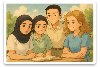 Illustration Ghibli of four nursing students working together, wearing short-sleeved outfits without stethoscopes, inspired by the four provided faces, natural and peaceful atmosphere, version 4 sticker