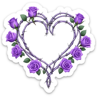 heart shape made out of barb wire vines with purple roses border with crystals hanging  sticker