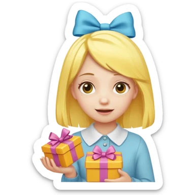 🥳🎀  sarı saçlı kız p saçının üstünde toka var tokat atmış iyi ki doğdun teyzeciğim diyor hem hediye var elimde çok kafasına tokat atmış sticker