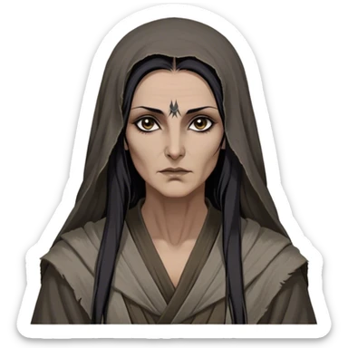 Mirri Maz Duur is a weathered, age 55 Lhazareen woman with deep-set dark eyes, high cheekbones, and a sharp nose, giving her a stern, knowing expression. Her long, unkempt dark hair streaked with gray falls loosely over her shoulders, and her earth-toned, tattered robes mark her as a humble healer. Despite her frail appearance, she exudes an aura of mystery and menace, her hands stained with herbs and blood from both healing and dark sorcery. sticker