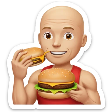 A white bald kinda buff man eating a cheeseburger sticker