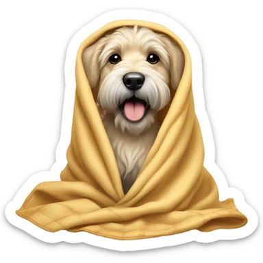 Wheaten dog wrapped in a blanket with its tongue sticking out sticker