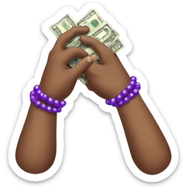 hand with purple bead bracelet holding money sticker