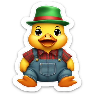 sitting cute fluffy chubby baby duck with hand and wear green hat and red checkered shirt and jeans jumpsuit sticker