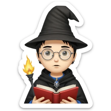["A sad boy with light skin, straight hair, wearing a wizard hat and round glasses, dressed in punk fashion, is reading a book while holding a phone."] sticker