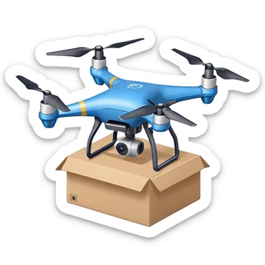 Delivery drone sticker, and blue texture on the body quadcopter carrying small package box, friendly design, simple flat vector style, soft shadow, white outline, transparent background sticker
