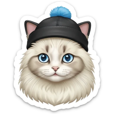Ragdoll cat wearing a leather jacket and a beanie sticker