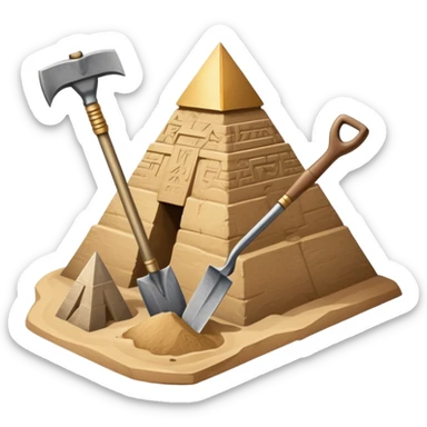 An icon showing archaeological tools like a trowel, brush, and pickaxe placed on sandy ground, with an Egyptian pyramid in the background. The design symbolizes excavation and discovery of ancient history, blending tools and iconic landmarks. Transparent background. sticker