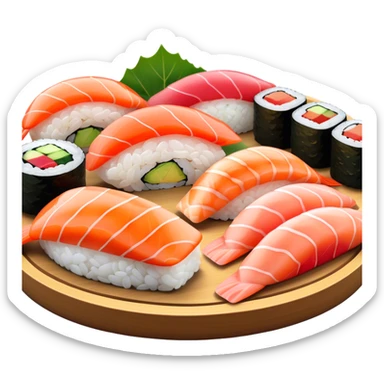 Cinematic Realistic Sushi Dish Emoji, depicted as an artful arrangement of fresh sushi with vibrant colors rendered with lifelike textures and delicate, natural lighting. sticker