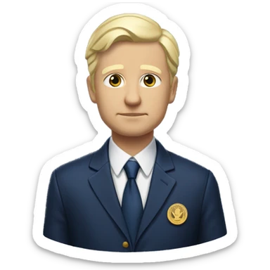 President Petr Pavel has fair skin, short light blonde hair with some gray, and a serious expression. He wears a dark blue suit jacket with a gold emblem, a white shirt, and a dark blue tie. sticker