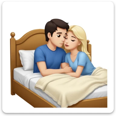 Naked man, dark Hair, kissing naked blonde Woman, bed,  sticker
