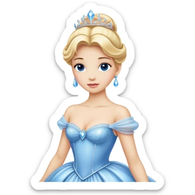 Cinematic Realistic Cinderella Portrait, showcasing her regal elegance in a full ball gown rendered with exquisite detail. Her fair, luminous skin and lustrous blonde hair are highlighted by subtle, shimmering accents and gentle natural light, evoking a magical, transformative aura. sticker