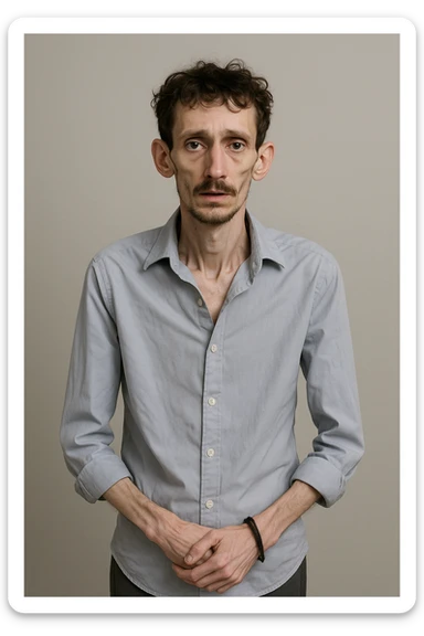 uomo che ha perso massa ed è piatto muscolarmente, lui è in piedi e si vede il fisico debilitato sticker