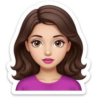 girl with wavy long dark brown hair, brown eyes, light to medium complexion, long lashes, almond shaped eyes, link lipstick sticker