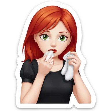 a woman with red hair and red eyes sniffing a white sock. The woman wear a black  dress sticker