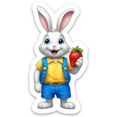 a happy bunny in yellow shorts and a blue vest with a blue bow around his neck sniffs strawberries sticker