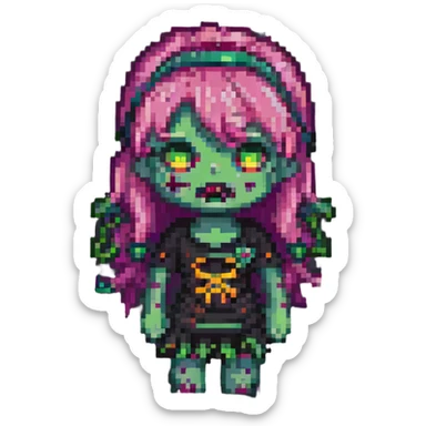 cute expression girl zombie with pink hair and bangs, pixel art style sticker