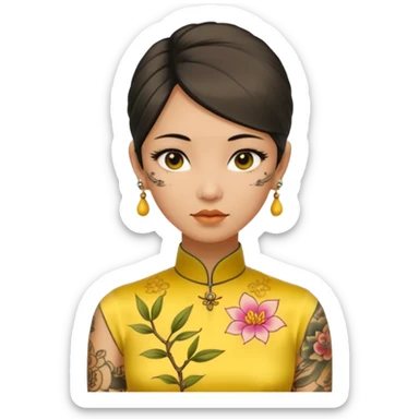 ancient woman with tatooed on neck and face and yellow cheongsam sticker