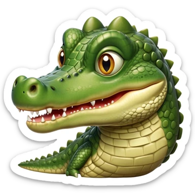 cinematic-realistic-cute-crocodile-portrait-emoji,-head-tilted-playfully-and-inquisitively,-featuring-a-robust,-well-defined-build-with-intricately-detailed,-glossy-olive-green-scales-and-a-surprisingly-endearing-face-with-round,-sparkling eyes sticker