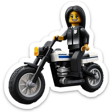 Lego, Jeffery New York Evening Gown Barbie, Wednesday Addams from academy, in vertically-striped dark-gray and black police officer’s uniform with small hat. Leaning back at the hips, riding a wheelie on a hot rod bike smiling  sticker