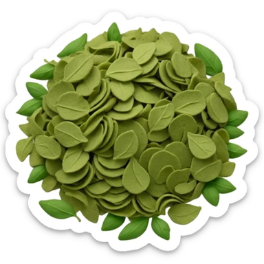scatter of dry crumbled green flakes with curled uneven shapes and matte texture, color ranges from muted olive to dark sage, evoking sun-dried basil leaves, apple emoji style, soft lighting, subtle shadows, transparent background, emoji scale sticker