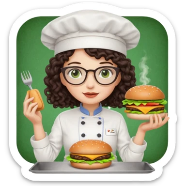 A female chef with glasses, dark brown long curly hair, White skin,Green eyes and cooking a burger sticker