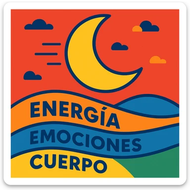 moon moving in a red sky, words 'energía', 'emociones', 'cuerpo' visible, colorful cartoon style sticker