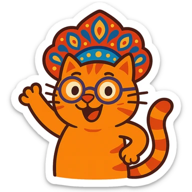 A cat with a kokoshnik and round glasses, lively and animated. sticker