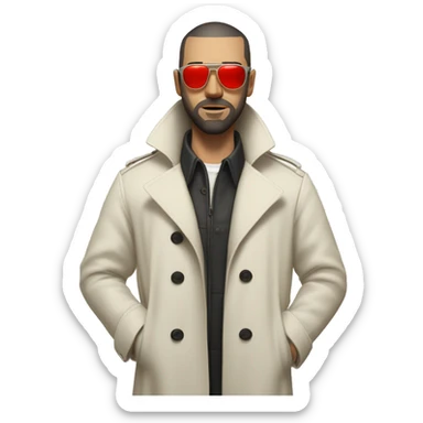 <excerpt>
A white man with real buzz cut Black hair, beard stubble donning small red tinted sun glasses in a dirty white trench coat, is serious.
</excerpt> sticker